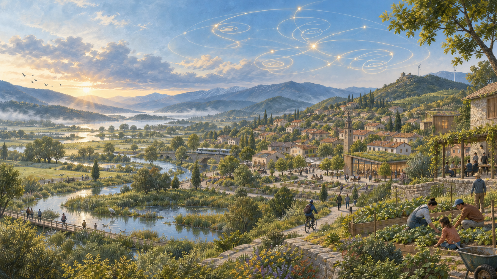 Une vallée vivante et habitée, sous un ciel de spirales reliées en constellation. Illustration prospective générée par IA.